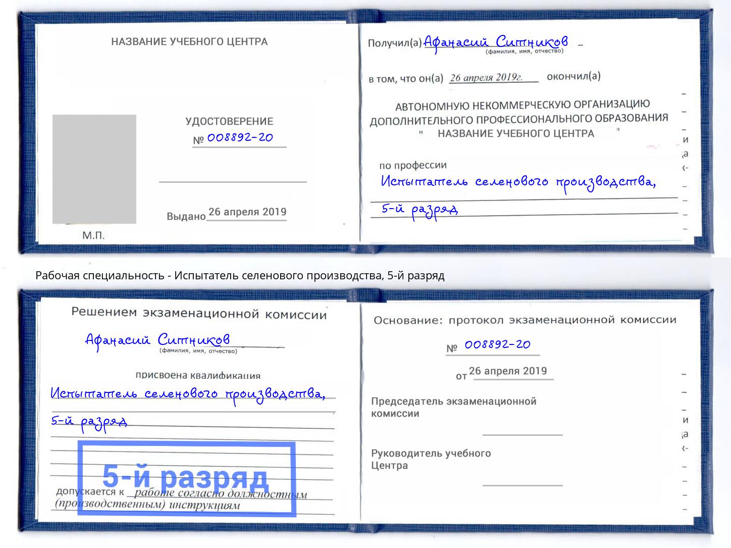 корочка 5-й разряд Испытатель селенового производства Ульяновск